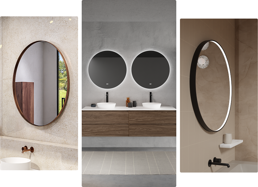 Vergelijkende weergave van drie ronde spiegels in diverse badkamers: links een spiegel met koperkleurige rand in een zandkleurige ruimte, midden twee zwarte spiegels met verlichting boven dubbele waskommen, rechts een spiegel met zwarte omlijsting en geïntegreerde LED-verlichting boven een bad – inspiratie van x²o badkamers.