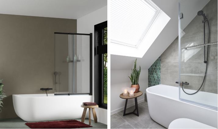 Exemples de combinaison bain douche avec baignoires blanches et parois de bain en verre, à gauche avec profil de douche noir et à droite sous toit incliné avec fenêtre de toit, dans des salles de bains de x²o salles de bains.