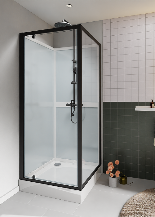 Cabine de douche Talan avec verre dépoli et profil noir dans une salle de bains élégante – X2O Salle de bains.