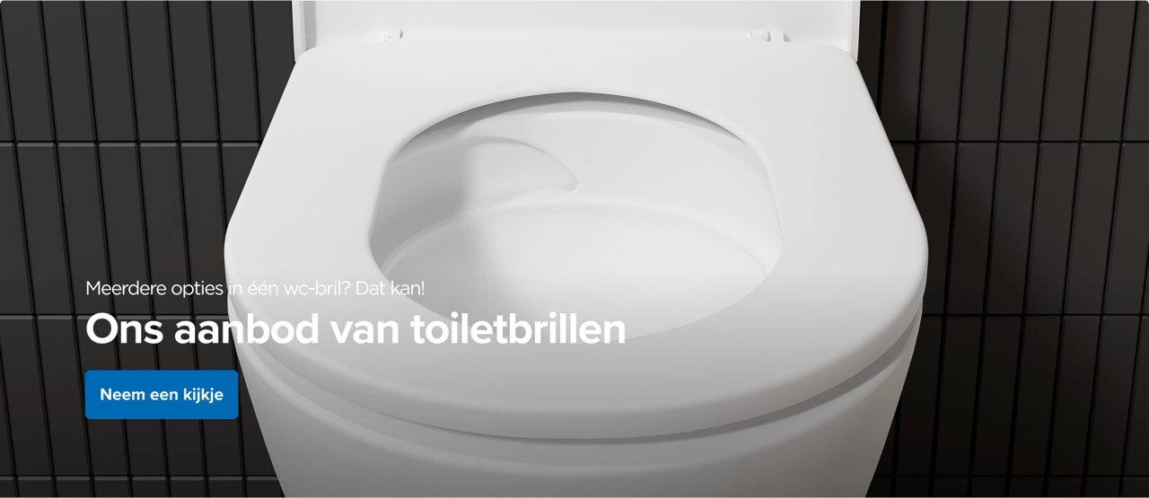 Close-up van een witte wc-bril met de tekst “Meerdere functies in één wc-bril? Geen probleem!” en een blauwe knop. Ontdek het assortiment van x²o badkamers.