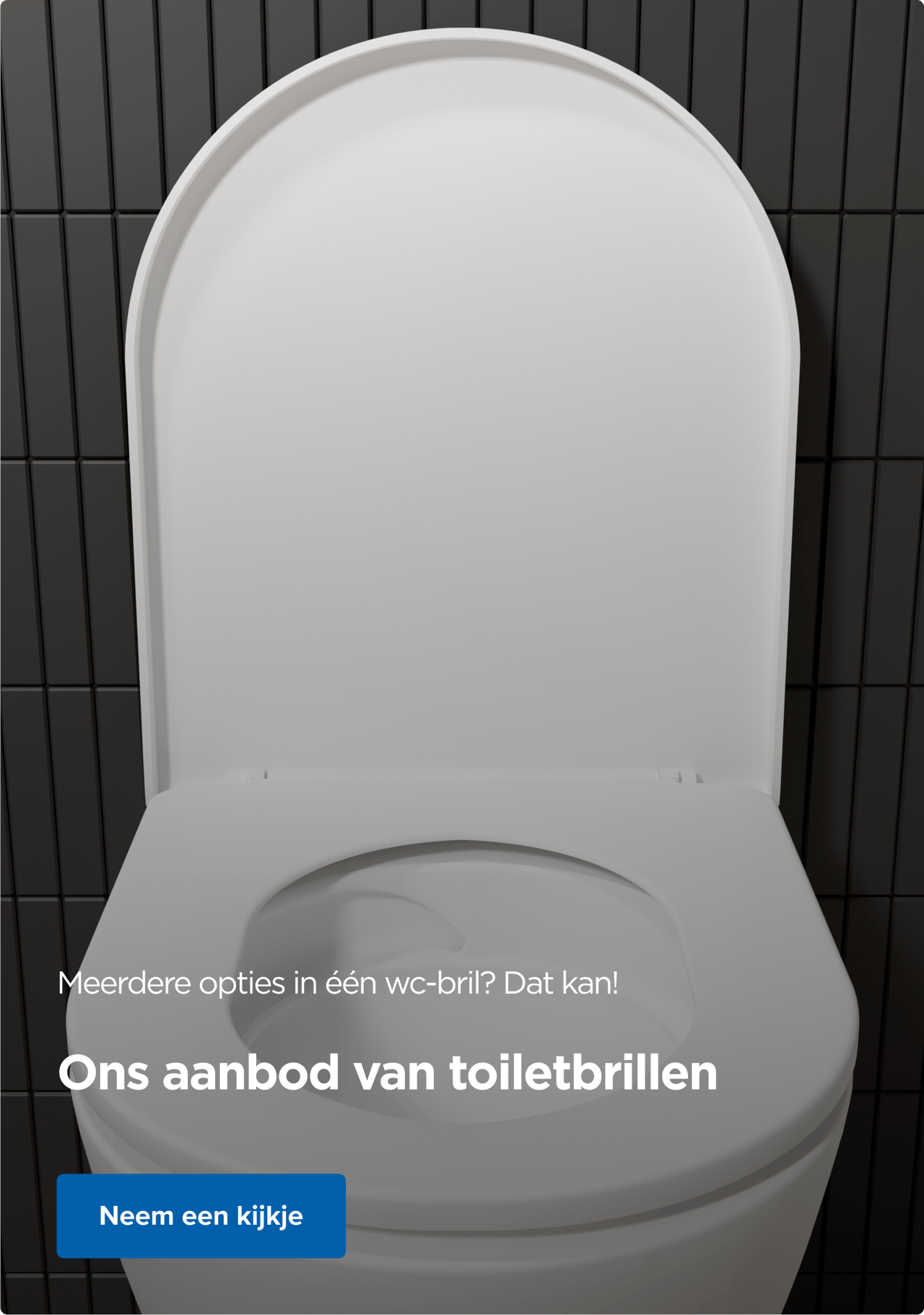 Close-up van een witte wc-bril met de tekst “Meerdere functies in één wc-bril? Geen probleem!” en een blauwe knop. Ontdek het assortiment van x²o badkamers.
