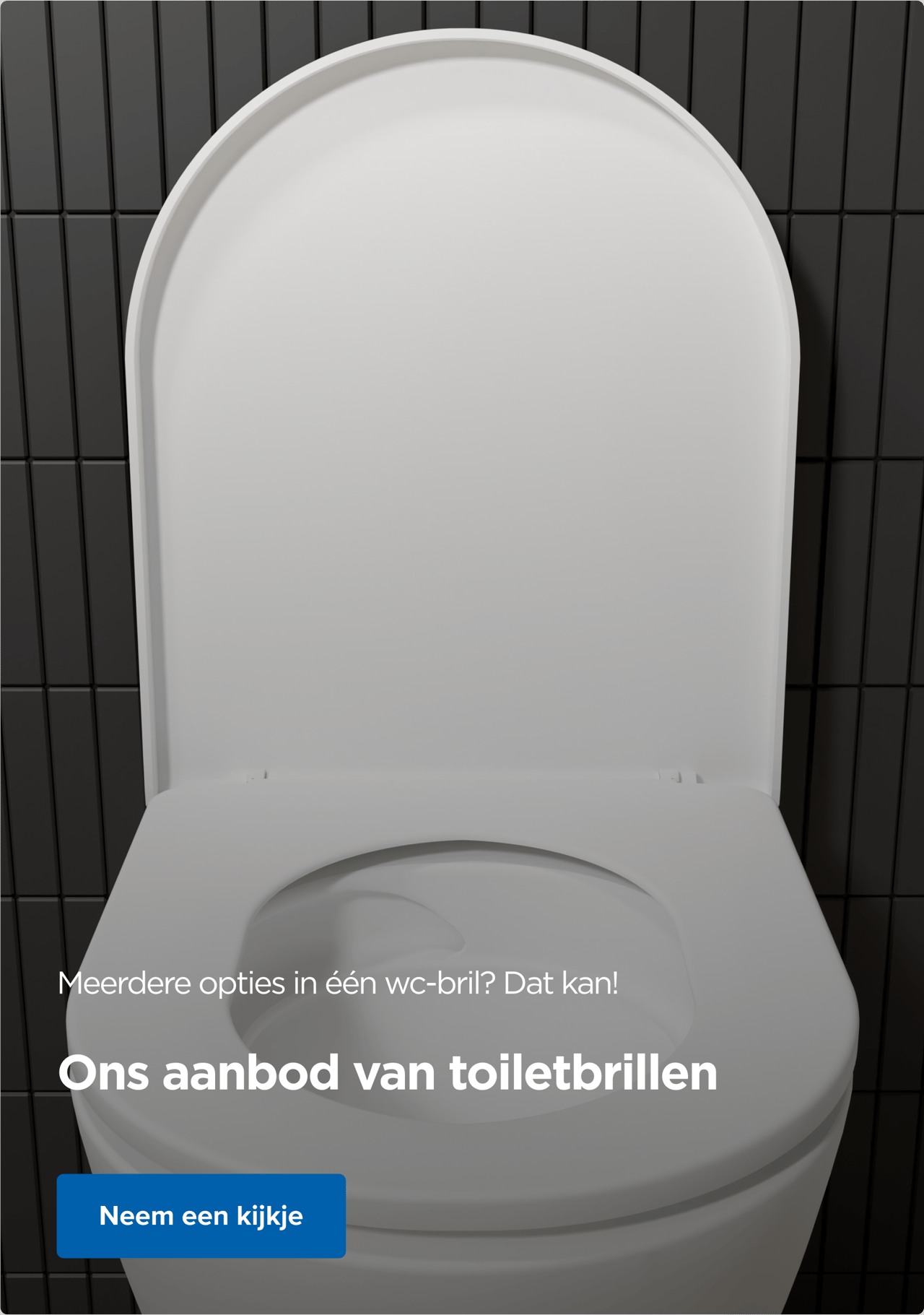 Close-up van een witte wc-bril met de tekst “Meerdere functies in één wc-bril? Geen probleem!” en een blauwe knop. Ontdek het assortiment van x²o badkamers.