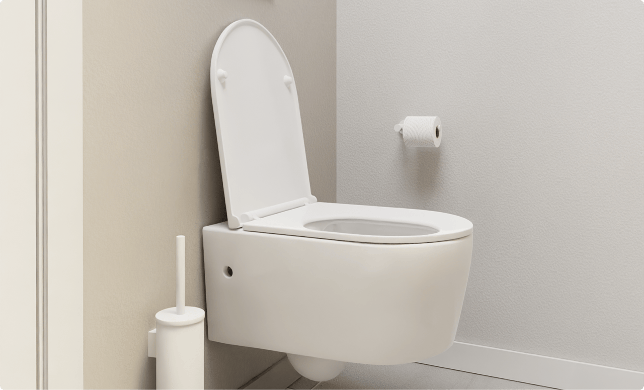 Een witte, hangende toiletpot met deksel omhoog, tegen een beige-grijze muur. Links staat een witte toiletborstel, rechts hangt een wc-rol. Een strakke, functionele setting van x²o badkamers.