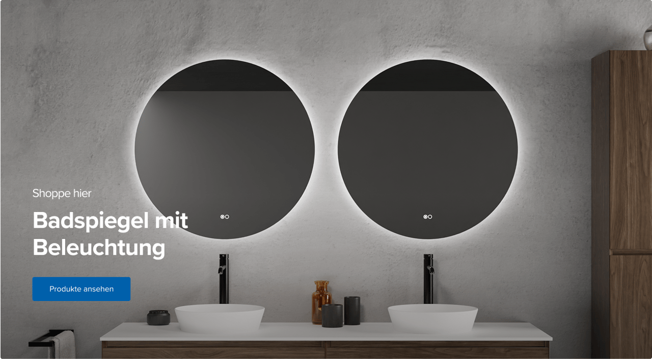 Zwei runde Badezimmerspiegel mit integrierter Beleuchtung über Doppelwaschbecken und Holzunterschrank – Designidee von x²o badkamers.