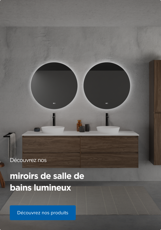 Deux miroirs de salle de bains ronds avec éclairage intégré au-dessus de deux vasques et d’un meuble bas en bois – inspiration design de x²o salles de bains.