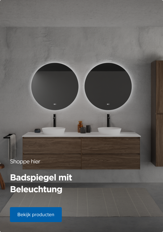Zwei runde Badezimmerspiegel mit integrierter Beleuchtung über Doppelwaschbecken und Holzunterschrank – Designidee von x²o badkamers.