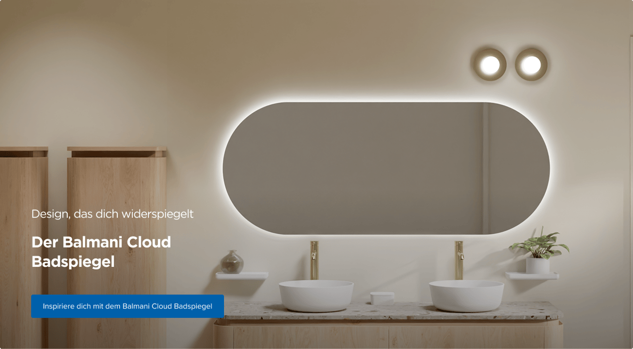 Ein ovaler Wandspiegel mit umlaufender LED-Beleuchtung, über einem hellen Holzunterschrank mit zwei weißen Waschbecken, Pflanzen und Deko – Balmani Cloud von X²O badkamers.