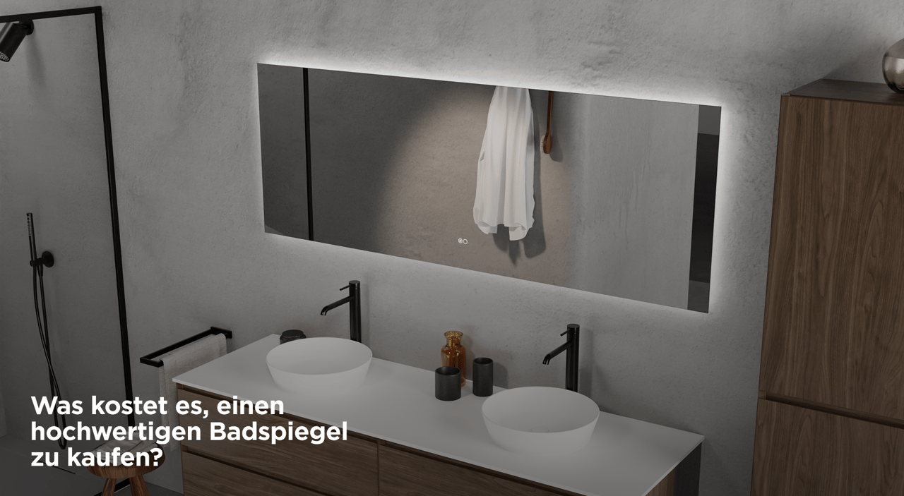 Ein modernes Badezimmer mit einem Holzunterschrank, zwei weißen Aufsatzwaschbecken, einem großen rechteckigen Spiegel mit integrierter LED-Beleuchtung und schwarzen Armaturen – elegantes Design von X²O badkamers.