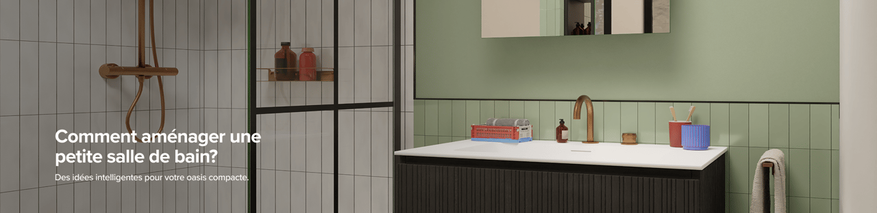 Une douche à l’italienne moderne avec profilés noirs et carrelage blanc, à côté d’un meuble de salle de bains noir épuré. Le carrelage mural vert et le robinet couleur cuivre apportent un contraste original. Une disposition intelligente typique des petites salles de bains x²o.