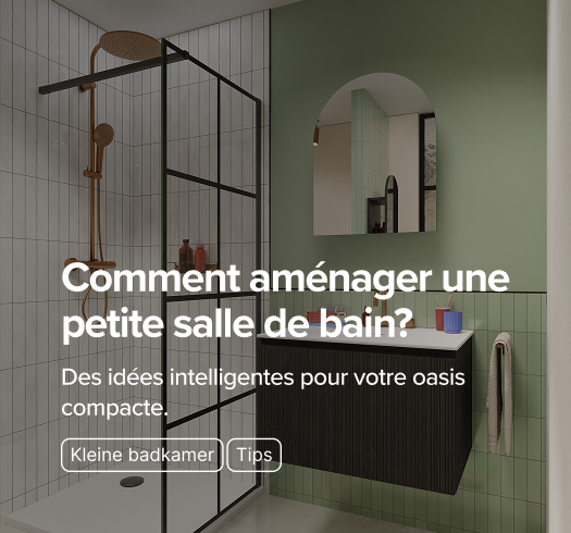 Une douche à l’italienne moderne avec profilés noirs et carrelage blanc, à côté d’un meuble de salle de bains noir épuré. Le carrelage mural vert et le robinet couleur cuivre apportent un contraste original. Une disposition intelligente typique des petites salles de bains x²o.