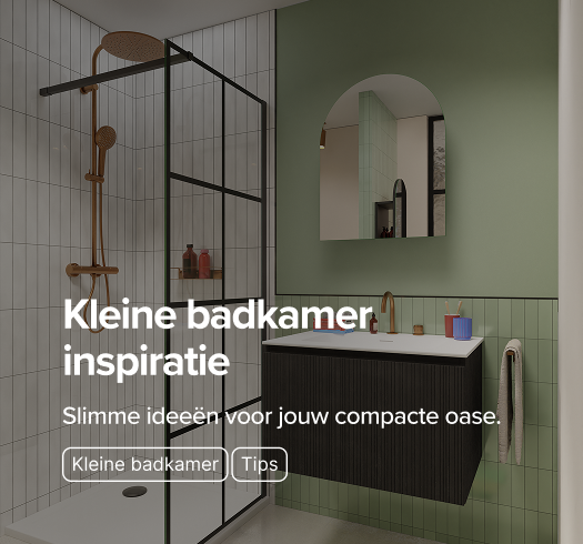 Een moderne inloopdouche met zwarte profielen en witte tegels, gelegen naast een strak zwart badkamermeubel. De groene wandbetegeling en koperkleurige kraan zorgen voor een speels contrast. Een slimme indeling zoals je die vindt bij x²o badkamers voor kleine ruimtes.