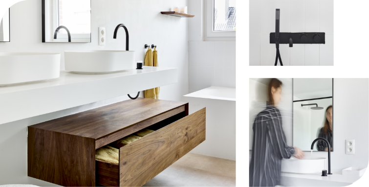 Moderne badkamer met houten zwevende ladekast en witte waskommen.