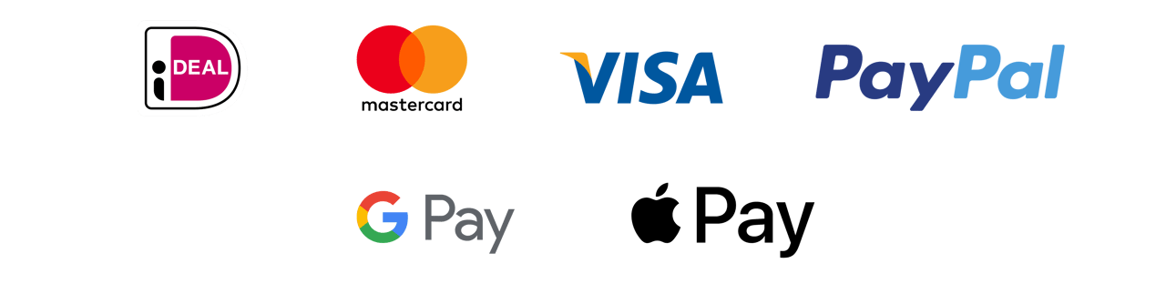 Logo’s van betaalmethoden: iDEAL, Mastercard, Visa, PayPal en Google Pay.