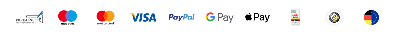 Bild mit Logos von SOFORT, Maestro, Mastercard, VISA, PayPal, Google Pay, Apple Pay, Trusted Shops, EHI und Käuferschutz.