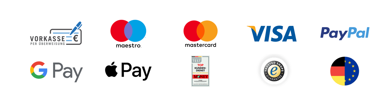Bild mit Logos von SOFORT, Maestro, Mastercard, VISA, PayPal, Google Pay, Apple Pay, Trusted Shops, EHI und Käuferschutz.