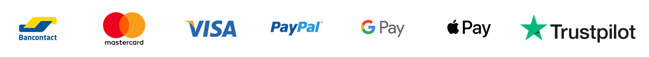 Afbeelding met logo’s van Bancontact, Mastercard, VISA, PayPal, Google Pay, Apple Pay en Trustpilot.