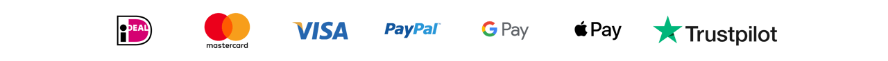 Afbeelding met logo’s van Bancontact, Mastercard, VISA, PayPal, Google Pay, Apple Pay en Trustpilot.