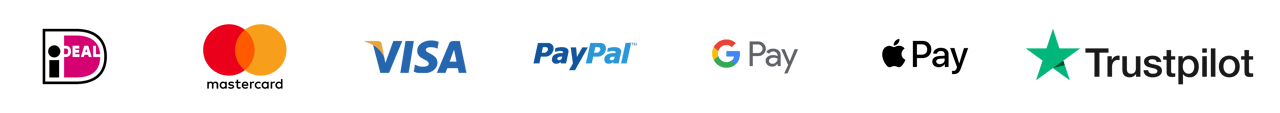 Afbeelding met logo’s van Bancontact, Mastercard, VISA, PayPal, Google Pay, Apple Pay en Trustpilot.
