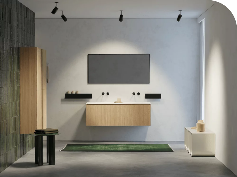 Zwevend houten badkamermeubel met geïntegreerde wastafel, modern minimalistisch design met zwarte accenten.