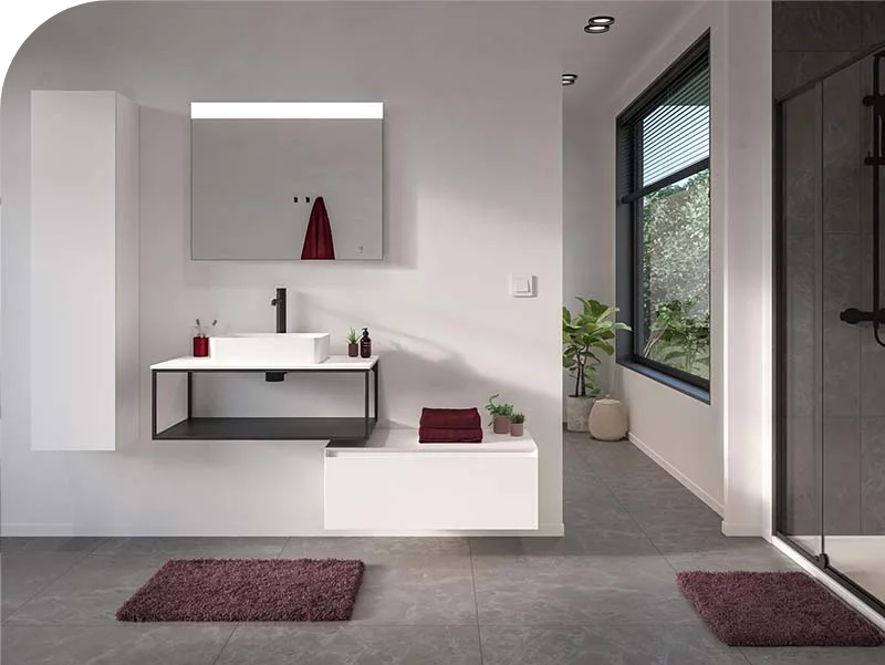 Minimalistisch badkamermeubel met witte opzetwaskom, zwart metalen frame en spiegel met verlichting.