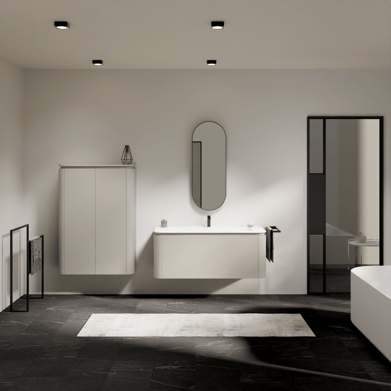 Minimalistisch wit badkamermeubel met afgeronde hoeken, ovale spiegel en modern zwevend design.