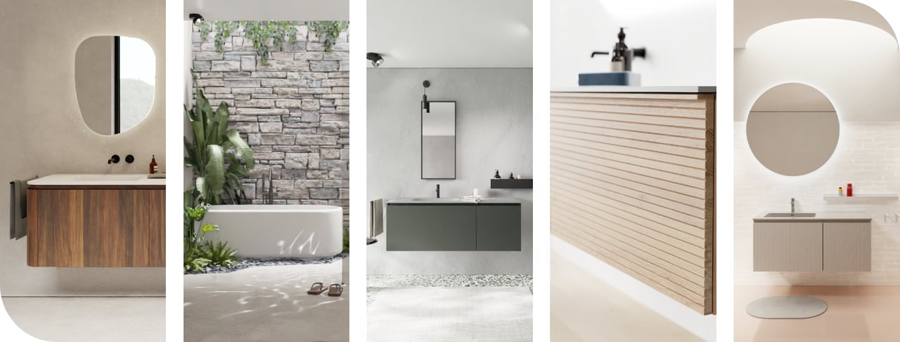 Salles de bains modernes avec meubles suspendus, accents en pierre naturelle et design minimaliste.