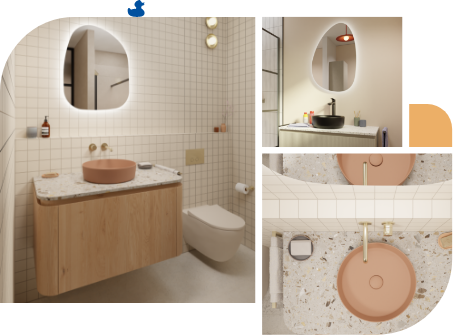 Salle de bain élégante avec plan vasque en terrazzo, meuble en bois et miroir rond rétroéclairé.