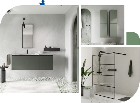  Salle de bain moderne avec meuble-lavabo suspendu vert, douche minimaliste et armoires murales.