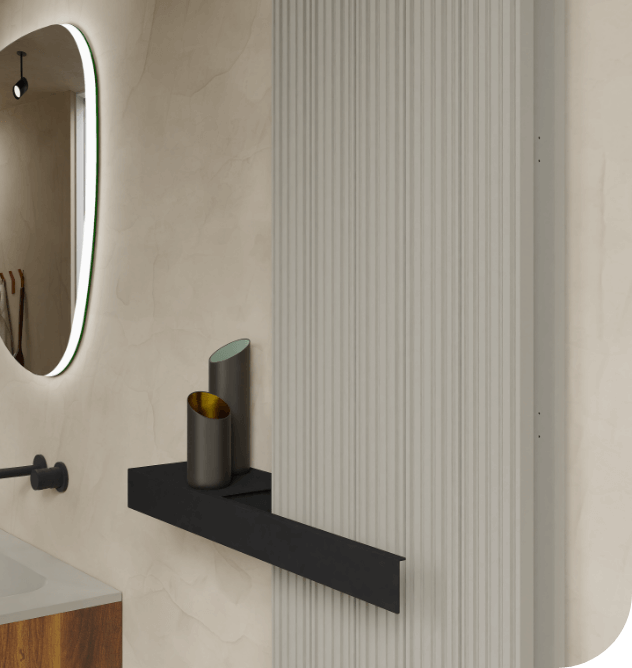 Radiateur design avec nervures verticales et étagère noire, élégant et moderne pour une salle de bains luxe.