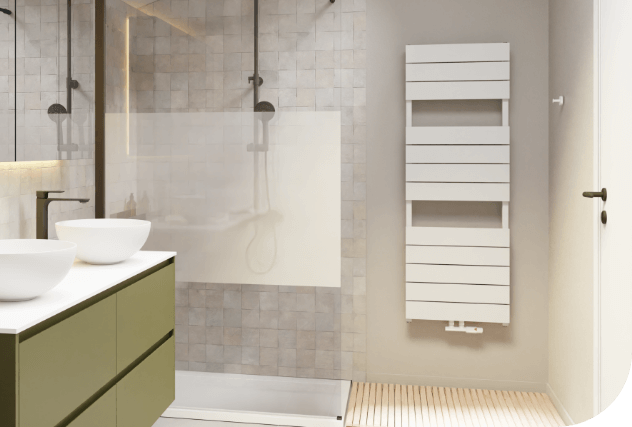 Radiateur design blanc avec espaces ouverts, parfait comme chauffe-serviettes, dans une salle de bains moderne.