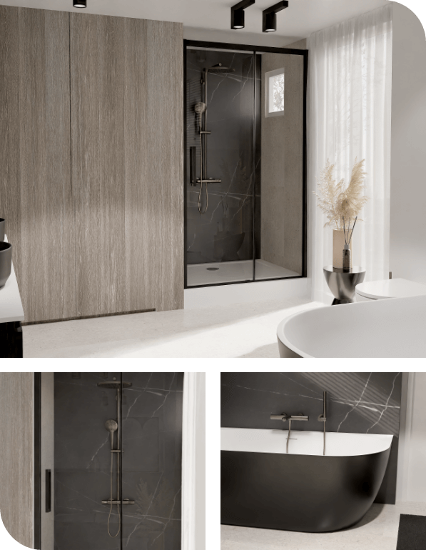 Luxe badkamer met zwarte inloopdouche, vrijstaand bad en houtaccenten voor een moderne uitstraling.