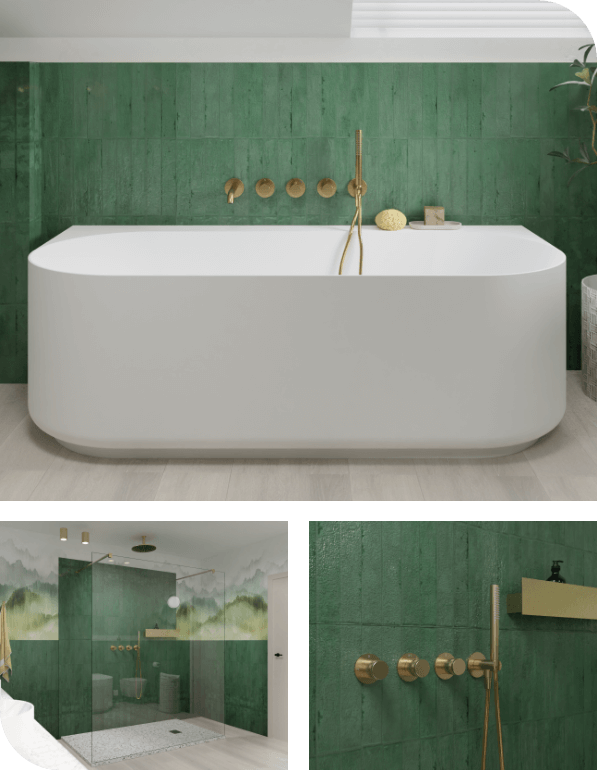Salle de bains luxueuse avec baignoire îlot blanche, carrelage vert et accents dorés pour un design élégant et naturel.