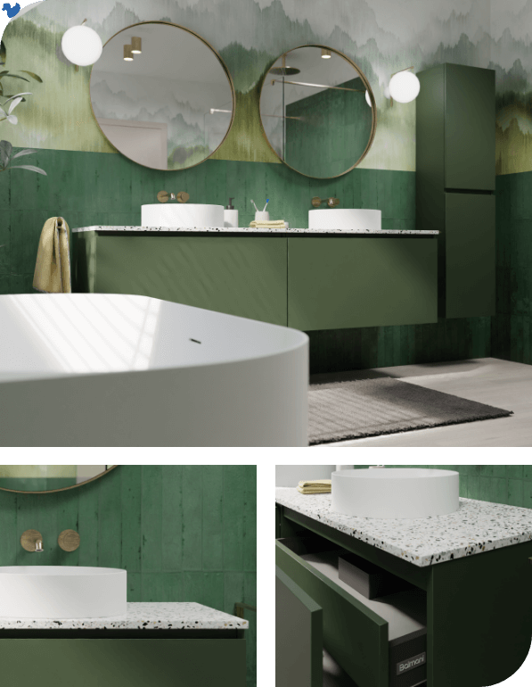 Salle de bains moderne avec meuble vasque vert suspendu, plan terrazzo, miroirs ronds et vasques blanches.