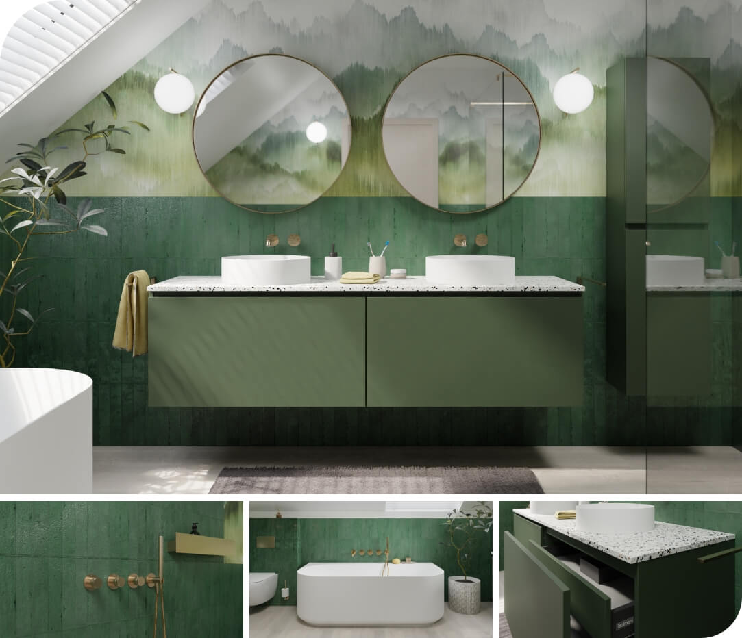 Salle de bains luxueuse avec meuble vasque vert suspendu, plan terrazzo, miroirs ronds et accents dorés.