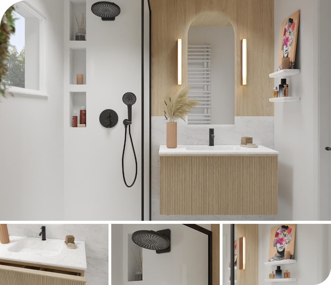 Moderne badkamer met zwart-witte inloopdouche, houten wastafelmeubel en warme verlichting voor een natuurlijke uitstraling.