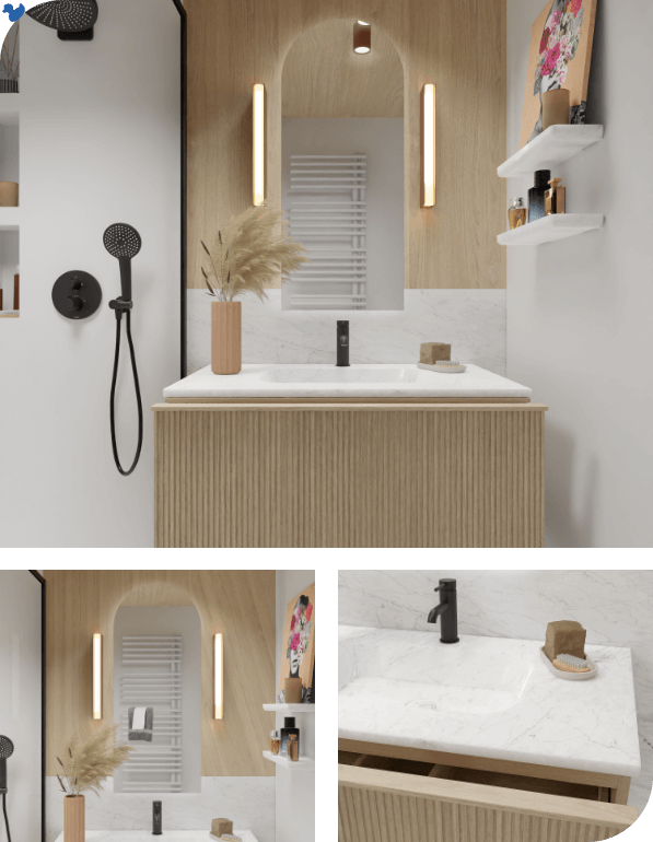 Moderne badkamer met houten wastafelmeubel, marmeren blad, zwarte kraan en sfeervolle verlichting.