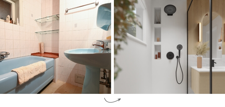 Voor en na: renovatie van een verouderde badkamer met blauw sanitair naar een moderne inloopdouche met houtaccenten.