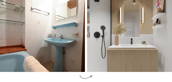 Voor en na: renovatie van een gedateerde badkamer met blauw sanitair naar een moderne ruimte met houtaccenten.