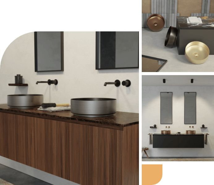 Luxe badkamer met houten wastafelmeubel, marmeren blad en metalen waskommen voor een moderne en chique uitstraling.