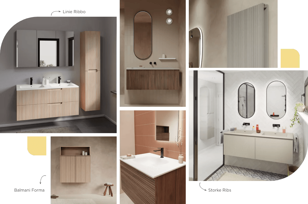 Modernes Badezimmer mit einem Badezimmermöbel aus Holz, einem runden Spiegel und natürlichen Materialien