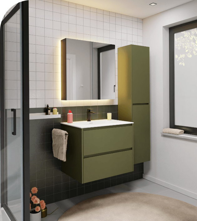 Moderne badkamer met groen zwevend wastafelmeubel, bijpassende kolomkast en verlichte spiegel.