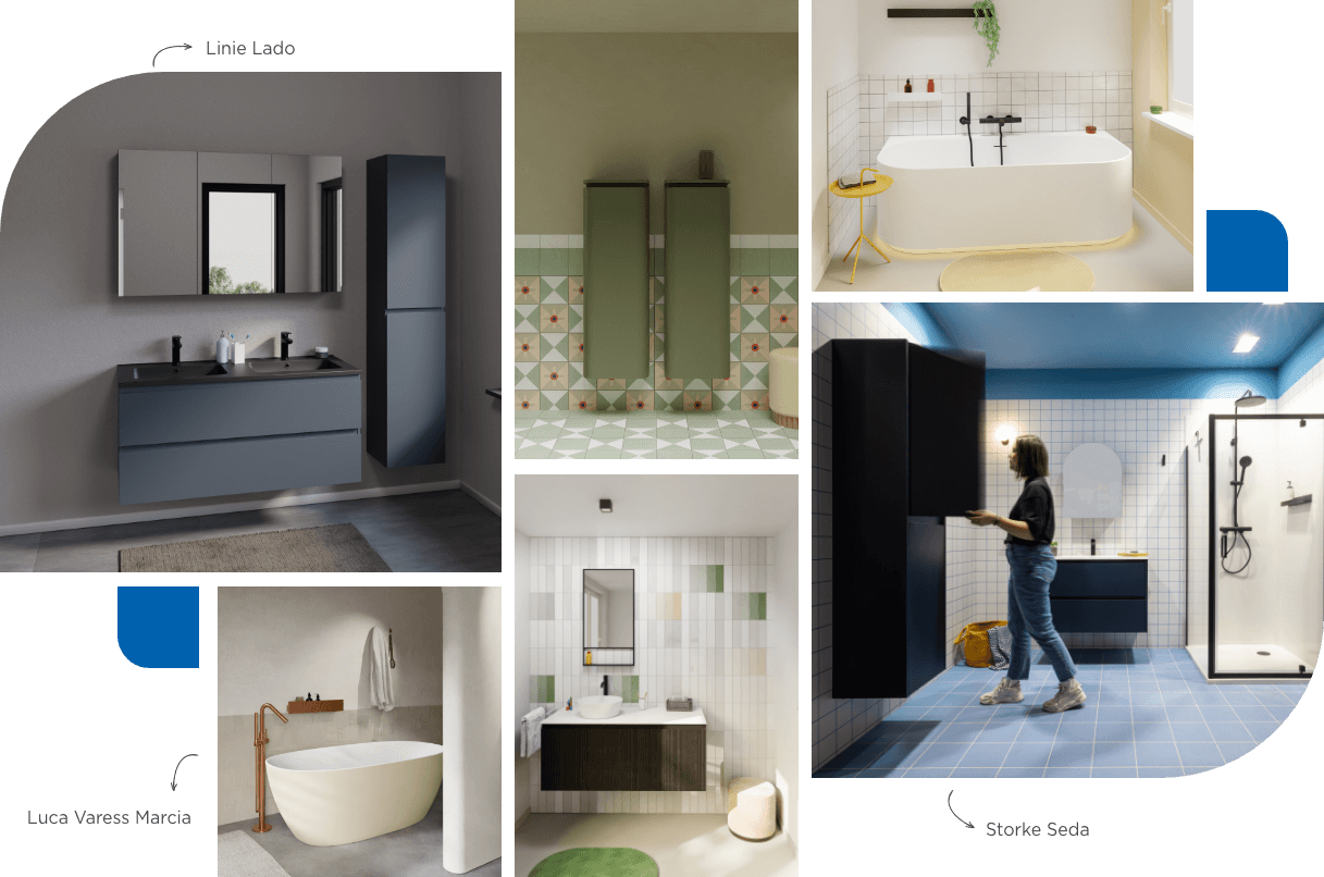 Collage van moderne badkamers met diverse stijlen en kleuren. Inclusief blauwe en groene badkamermeubels, een bad met zwarte kranen, een wandkast in een blauw betegelde ruimte en een minimalistisch bad met houten accenten