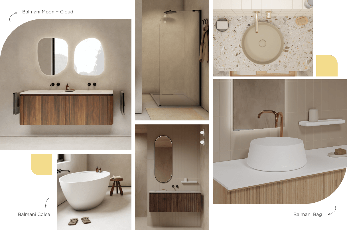 Meuble de salle de bain en bois avec plan en terrazzo, miroirs organiques et baignoire autoportante.