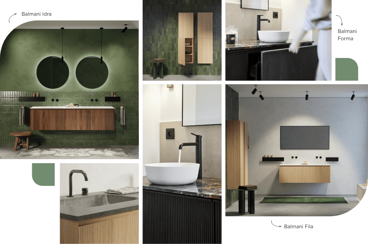 Salle de bain moderne avec des meubles en bois, des carreaux verts, des robinets et des lavabos noirs.