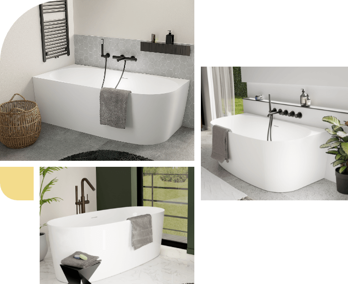 Baignoire indépendante blanche avec robinets noirs modernes et une serviette posée sur le rebord.