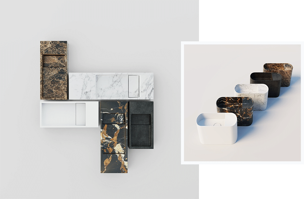 Lavabos de différentes couleurs et textures de marbre, disposés en ligne.