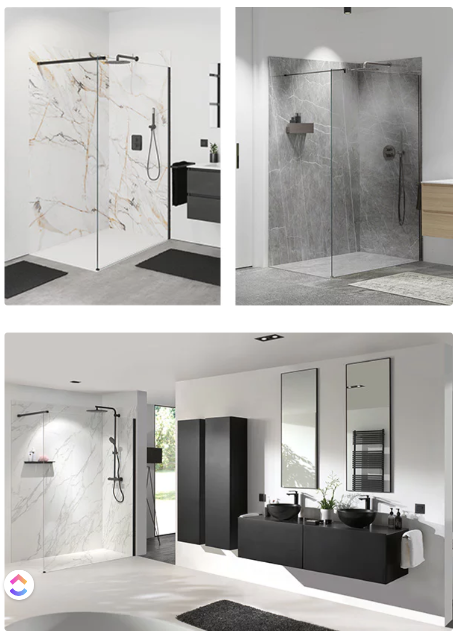 Douches à l'italienne luxueuses avec murs effet marbre et meuble de salle de bain noir avec double lavabo.