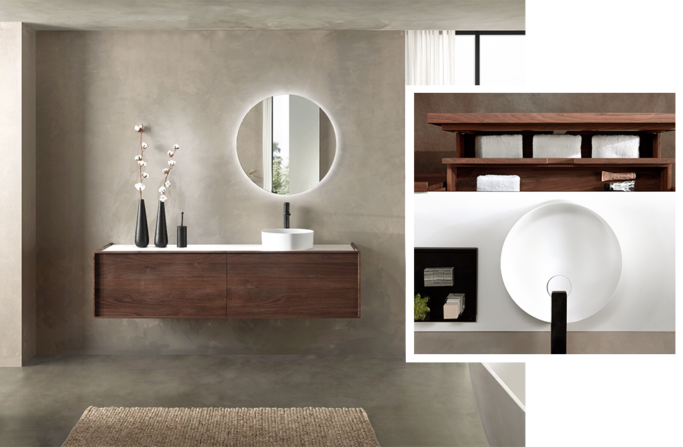 Schlichtes Badezimmer mit Holz-Möbel, rundem Waschbecken, beleuchtetem Spiegel und Regalen.