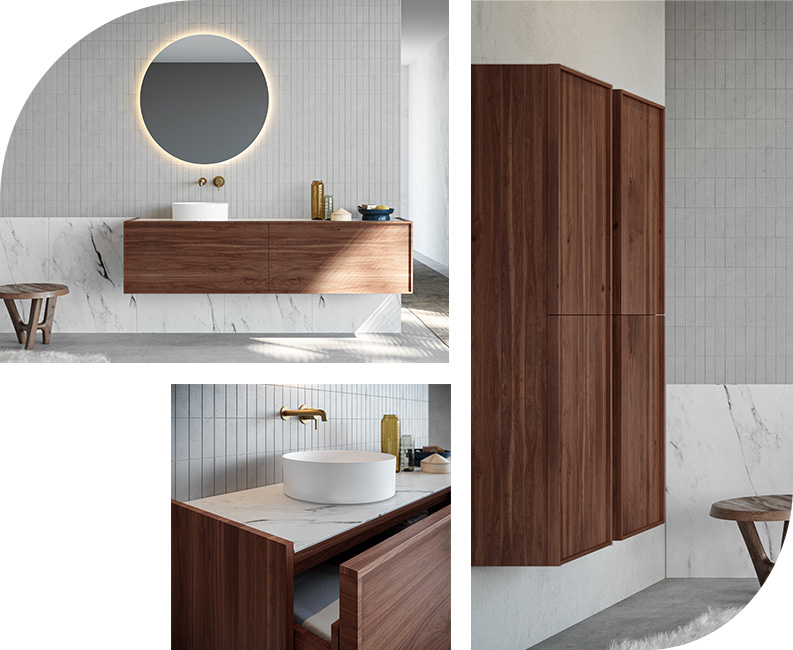 Moderne badkamer met houten wastafelmeubel, ronde spiegel, gouden kraan en marmeren accenten.