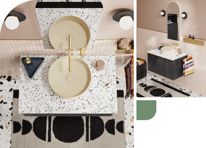 Salle de bain avec lavabo en terrazzo, robinet doré et meuble noir et blanc, design minimaliste.